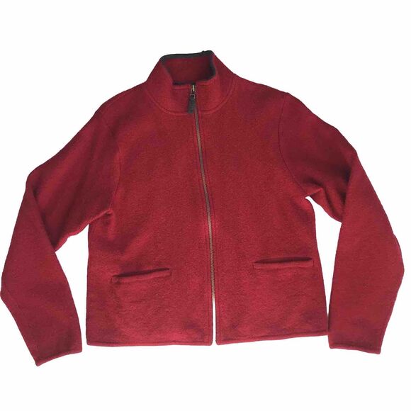 Woolrich Sweater Women Small Full Zip Wool Ruby Red Pocket Cardigan Vintage Mock - Picture 1 of 8